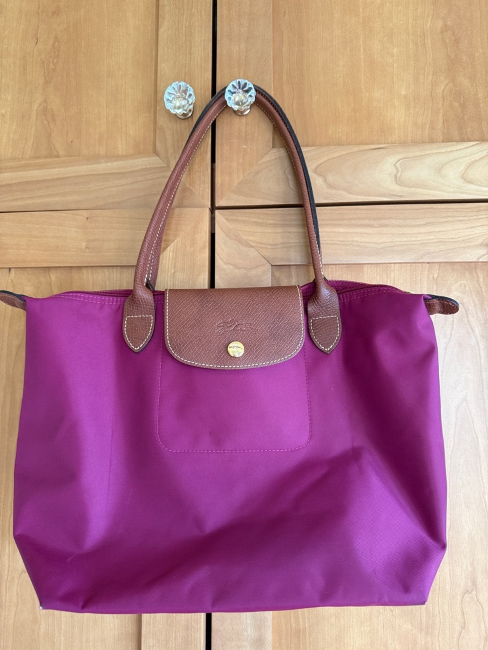 Longchamp Magenta Tote with Brown Leather Trim